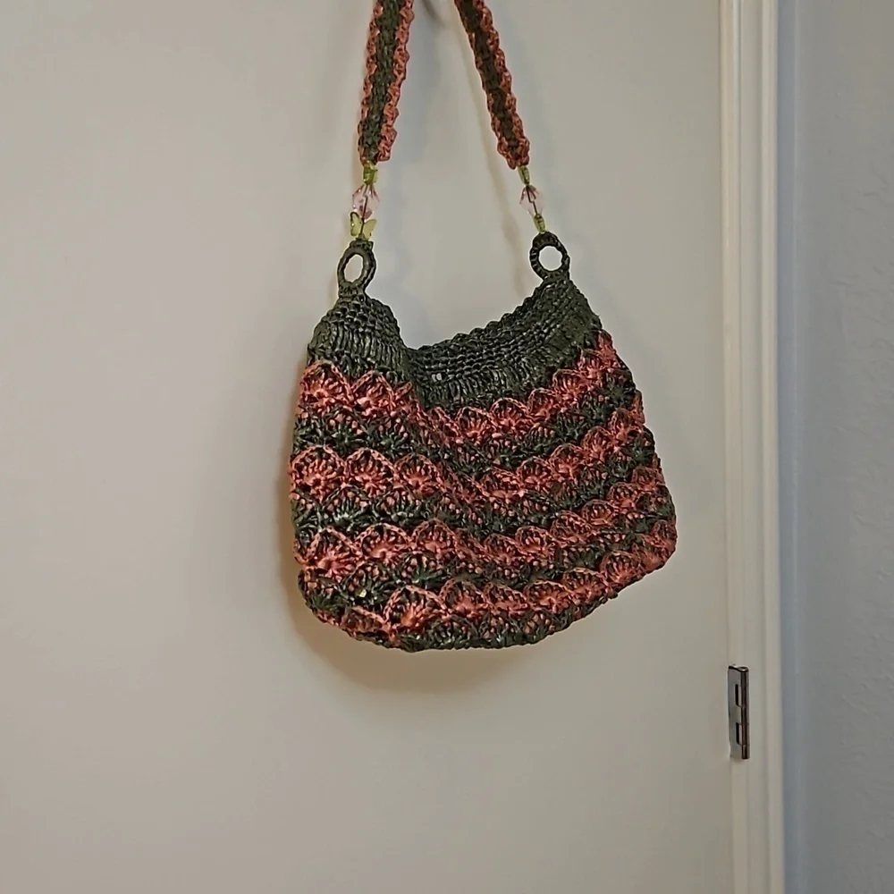 VTG Handmade Olive Pink Woven Crochet Plarn Shoulder Bag